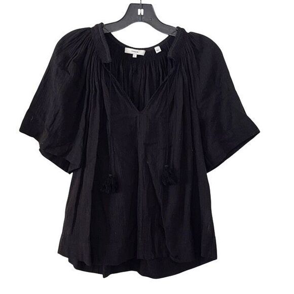 Vince Womens Tassel Tie Neck Short Sleeve Cotton Pullover Blouse Black Large‎ - Picture 1 of 6